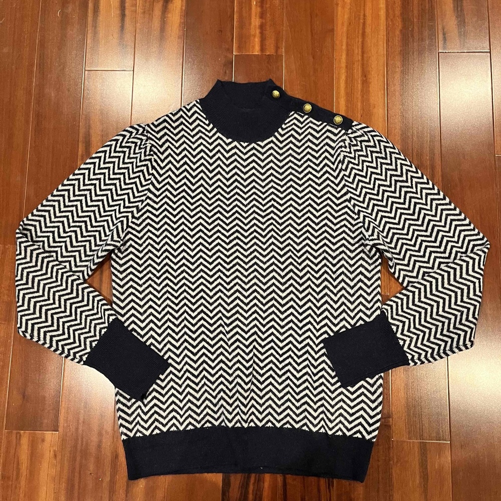 J.Crew Navy White Alpaca Blend Sweater Chevron Mock Turtleneck‎ Gold Button Sz M